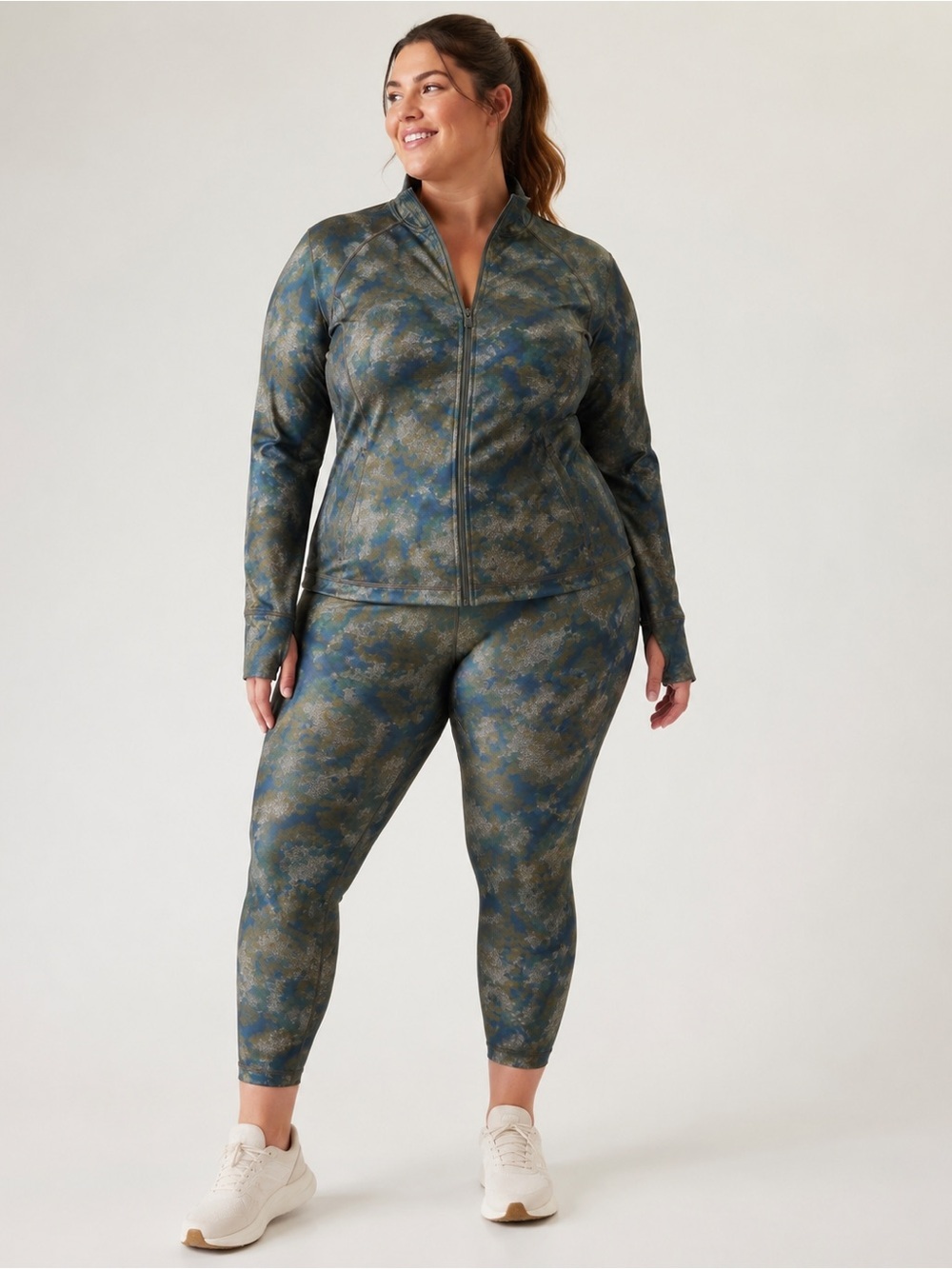 Athleta 2X Salutation Stash 7/8 Leggings & Jacket Matching Set Camo